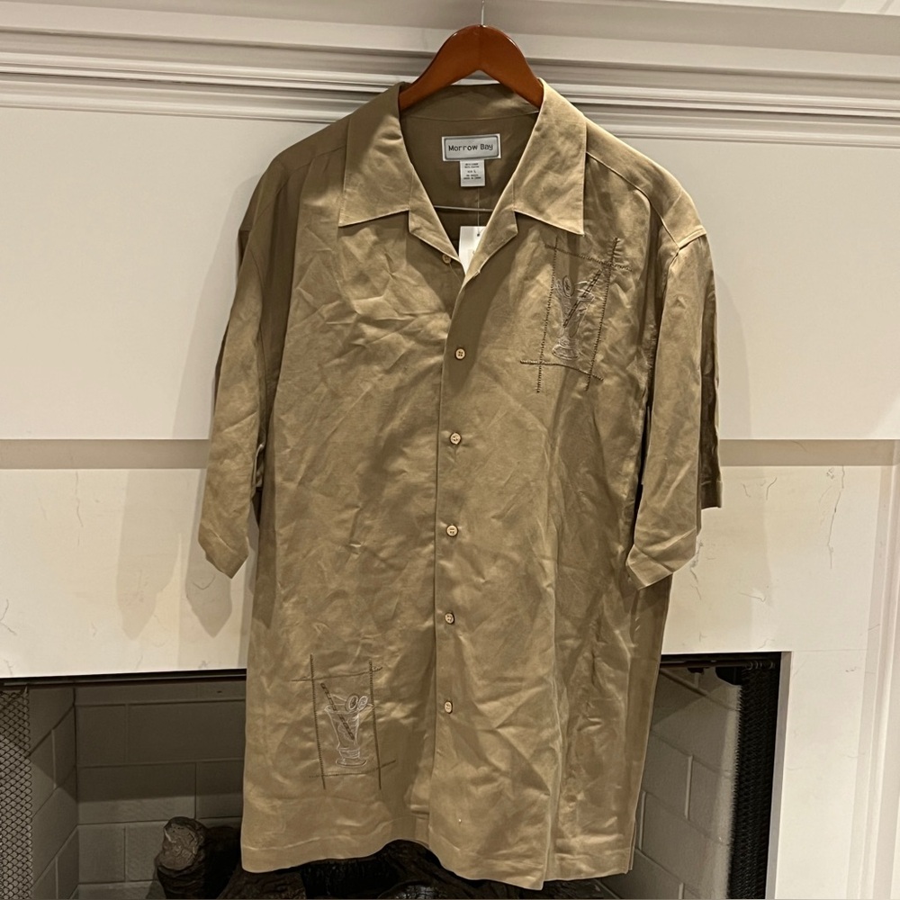 Men's Beige Short Sleeve Linen Blend khaki Shirt